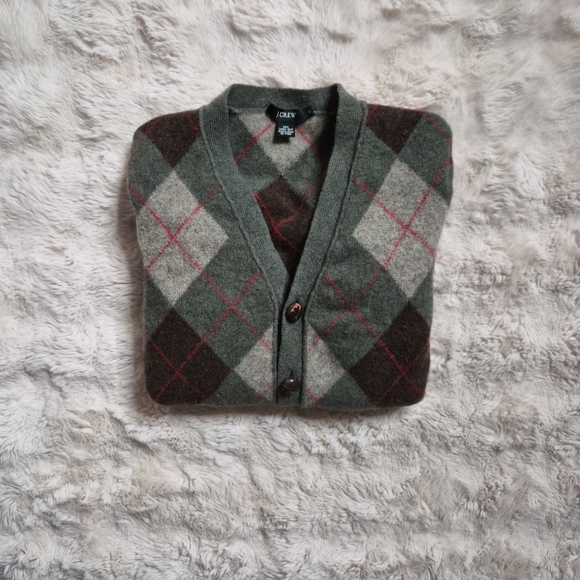 J. Crew Cardigan Sweater Lambs Wool Size Medium M Argyle Green Brown Gray Preppy - Picture 13 of 13